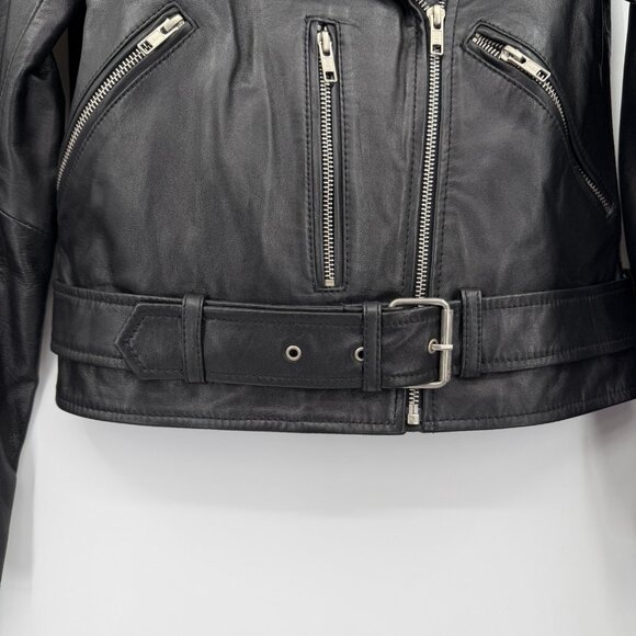 Quince Women's Black Leather Motorcycle Jacket size XS Sheep Leather Belted - Picture 5 of 7